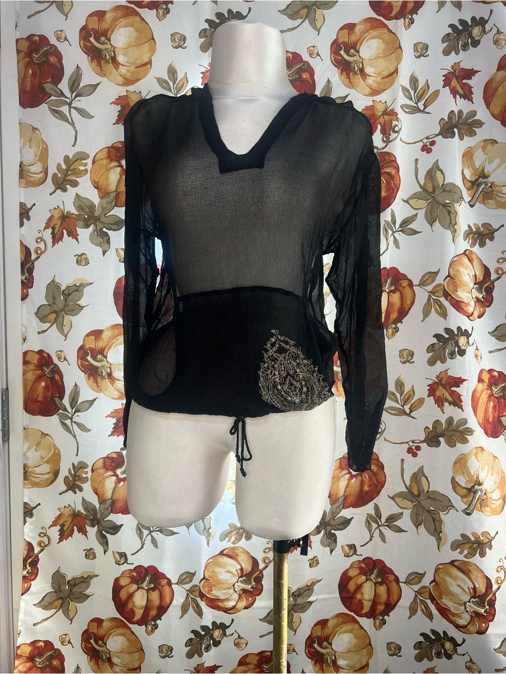 Vintage Ralph Lauren Sheer Black V-Neck Drawstring Hoodie with Embroidered Crest